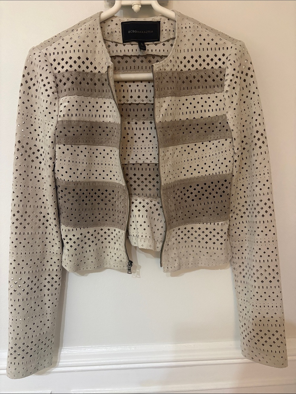 BCB GMAXAZRIA Beige & Taupe Perforated Zip Jacket